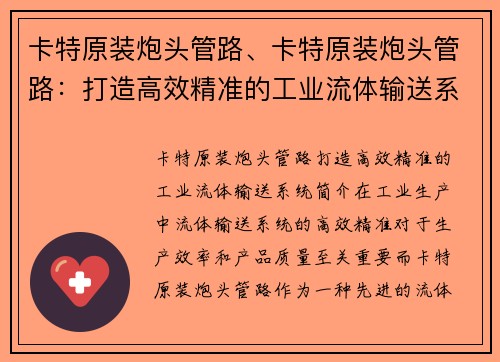 卡特原装炮头管路、卡特原装炮头管路：打造高效精准的工业流体输送系统